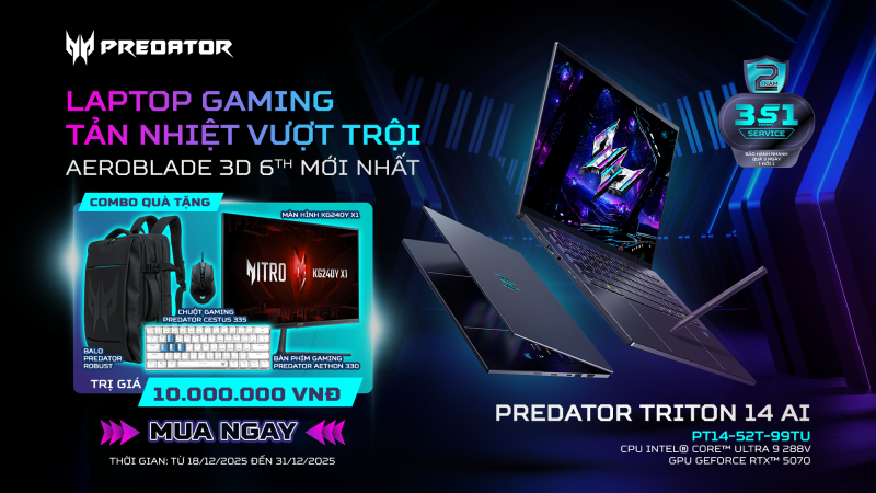 SỞ HỮU LAPTOP GAMING ACER PREDATOR TRITON 14 AI - NHẬN COMBO QUÀ TẶNG TRỊ GIÁ 10 TRIỆU ĐỒNG