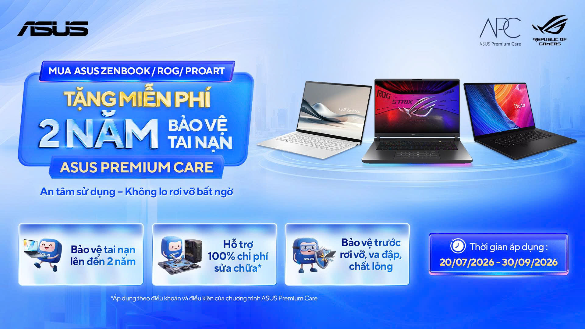 [CTKM ASUS] Tặng miễn phí 2 năm Bảo vệ tai nạn khi mua laptop Zenbook/ ROG/ ProArt