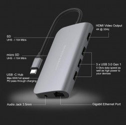 Đầu chuyển HyperDrive USB TYPE C TO HDMI/LAN/3xUSB/SD/USB-C/3.5 (HD30F/Màu Bạc)