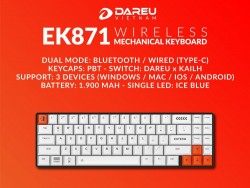 Bàn Phím Cơ Không Dây DareU EK871 WHITE (71keys,Bluetooth, 3 Thiết Bị,Blue D-KAILH Switch)