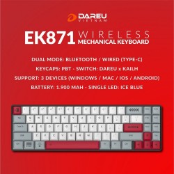 Bàn Phím Cơ Không Dây DareU EK871 Grey White (71Keys,3 Thiết Bị,Bluetooth,Led Xanh,Red D-KAILH SW)
