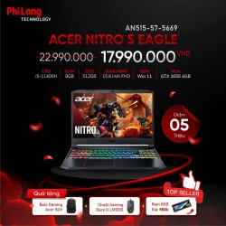 Laptop Gaming Acer Nitro 5 Eagle AN515-57-5669 (intel Core i5-11400H, RAM 8GB, SSD 512GB, VGA Card Nividia GTX 1650 4GB, Màn Hình 15.6 inch Full HD, Windows 11 Home, Màu Đen)