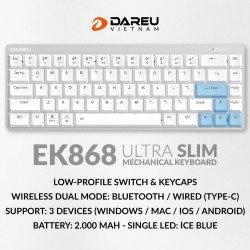 Bàn Phím Cơ Không Dây DAREU EK868 WHITE (68KEY, Bluetooth, SLIM, Brown D-KAILH Switch)