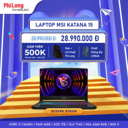Laptop MSI Katana 15 B13VFK 676VN (Intel Core i7-13620H, RAM 16GB, SSD 1TB, RTX 4060 GDDR6 8GB, Màn Hình 15.6 inch FHD, Windows 11 Home)