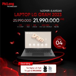 Laptop LG Gram 2023 14ZD90R-G.AX52A5 (Intel core i5-1340P, Ram 8GB, SSD 256GB, Màn Hình 14 inch WUXGA, Siêu mỏng, siêu nhẹ)