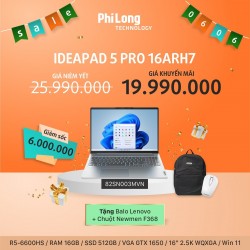 Laptop Lenovo IdeaPad 5 Pro 16ARH7 82SN003MVN (AMD Ryzen 5-6600HS, RAM 16GB, SSD 512GB, VGA GeForce GTX 1650, Màn Hình 16inch 2.5K WQXGA, Windows 11 Home 64, Cloud Grey)