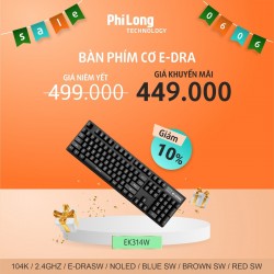 Bàn phím cơ không dây E-DRA EK314W Blue switch (104 phím, Wireless 2.4GHz, Bluetooth, E-dra Switch, Màu Đen)