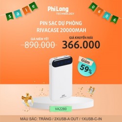 Pin Sạc Dự Phòng RIVACASE 20000mAh VA2280, Màu trắng, Màn LCD