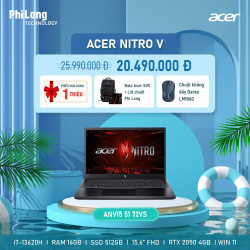 Laptop Acer Nitro V ANV15-51-72VS (Intel Core i7-13620H, RAM 16GB, SSD 512GB, RTX 2050 4GB GDDR6, Màn Hình 15.6 inch FHD, Windows 11, Obsidian black)