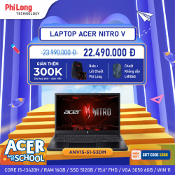 Laptop Gaming Acer Nitro V ANV15-51-53DM (Intel Core i5-13420H, Ram 16GB DDR5, SSD 512GB, NVIDIA GeForce RTX 3050 6GB, Màn Hình 15.6inch FHD, Windows 11 Home SL)