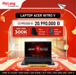 Laptop Gaming Acer Nitro V ANV15-51-53DM (Intel Core i5-13420H, Ram 16GB DDR5, SSD 512GB, NVIDIA GeForce RTX 3050 6GB, Màn Hình 15.6inch FHD, Windows 11 Home SL)