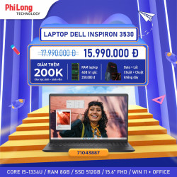 Laptop Dell Inspiron 3530 71043887 (Intel Core I5-1334U, RAM 8GB, SSD 512GB, Intel UHD Graphics, Màn Hình 15.6inch FullHD 120Hz, Windows 11 Home Office)