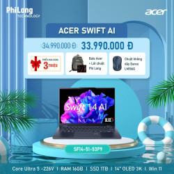 Laptop Acer Swift 14 AI COPILOT PLUS SF14-51-53P9 (Intel Core Ultra 5 226V, RAM 16GB, SSD 1TB, Màn Hình 14.0 inch 3K OLED, Windows 11, Màu Xanh, Vỏ nhôm)