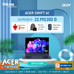 Laptop Acer Swift 14 AI COPILOT PLUS SF14-51-53P9 (Intel Core Ultra 5 226V, RAM 16GB, SSD 1TB, Màn Hình 14.0 inch 3K OLED, Windows 11, Màu Xanh, Vỏ nhôm)