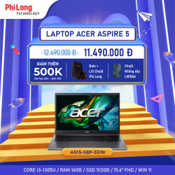 Laptop ACER Aspire 5 A515-58P-351N (Intel Core i3-1305U, RAM 16GB, SSD 512GB, Intel UHD, Màn Hình 15.6 inch FHD, Windows 11, Xám)