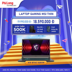 Laptop Gaming MSI Thin A15 B7UC 026VN 16GB (AMD Ryzen 5-7535HS, Ram 16GB, SSD 512GB, RTX 3050, Màn Hình 15.6 inch FHD 144Hz, Windows 11, Màu Xám)