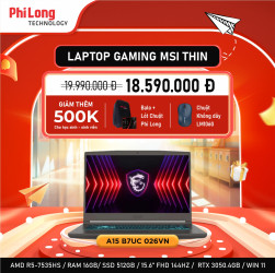 Laptop Gaming MSI Thin A15 B7UC 026VN 16GB (AMD Ryzen 5-7535HS, Ram 16GB, SSD 512GB, RTX 3050, Màn Hình 15.6 inch FHD 144Hz, Windows 11, Màu Xám)