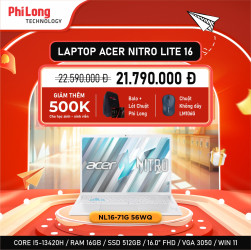 Laptop Gaming Acer Nitro Lite 16 NL16-71G-56WQ (Intel Core I5-13420H, RAM 16GB, SSD 512GB, RTX 3050, Màn Hình 16inch FullHD, Windows 11 Home, Màu Trắng)