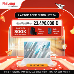 Laptop Gaming Acer Nitro Lite 16 NL16-71G-71UJ (Intel Core I7-13620H, RAM 16GB, SSD 512GB, RTX 3050, Màn Hình 16inch FullHD, Windows 11 Home, Màu Trắng)