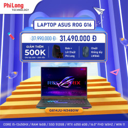 Laptop Gaming ASUS ROG G16 G614JU-N3480W (Intel Core i5-13450HX, RAM 16GB, SSD 512GB, RTX 4050 6GB, Màn Hình 16 inch FullHD + 165Hz, Windows 11, Màu Xám)