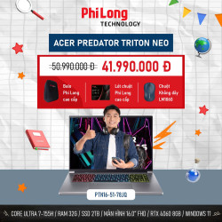Laptop Acer Predator Triton Neo 16 PTN16-51-78JQ (Core Ultra 7 155H, RAM 32GB, SSD 2TB, RTX 4060, Màn Hình 16 inch WQXGA 240Hz, Windows 11, Màu Bạc)