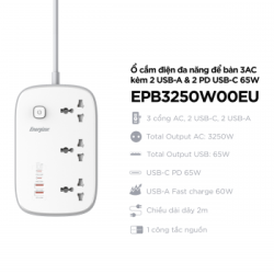 Ổ Cắm Điện Energizer EPB3250W00EU (3 x Cổng AC, 2 x Cổng USB-A, 2 x Cổng USB-C, 2 Mét)