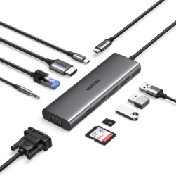 Đầu Chuyển USB Type C UGREEN 15601 (USB Type C Sang USB-A 3.0, HDMI 4K30Hz, VGA, RJ45(LAN), SD/TF, 3.5mm, PD 100W)