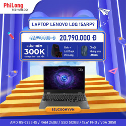 Laptop Gaming Lenovo LOQ 15ARP9 (83JC00HYVN) (AMD Ryzen 5 7235HS, RAM 24GB, SSD 512GB, RTX 3050 6GB GDDR6, Màn Hình 15.6inch FullHD 144Hz, Windows 11 Home, Màu Xám)