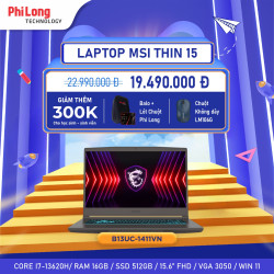 Laptop MSI Thin 15 B13UC 1411VN 16GB(Intel Core I7-13620H, RAM 16GB, SSD 512GB, RTX 3050 4GB, Màn Hình 15.6inch FullHD, 144Hz, Windows 11)