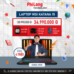 Laptop Gaming MSI Katana 15 HX B14WEK 295VN (Intel Core I9-14900HX, RAM 16GB, SSD 512GB, RTX 5050, Màn Hình 15.6" QHD 165Hz, Windows 11, Màu Đen)
