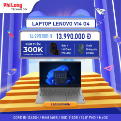 Laptop Lenovo V14 G4 83A000FNVN (Intel Core i5-13420H, RAM 16GB, SSD 512GB, Màn Hình 14 inch FHD, VGA Intel UHD, NoOS, Màu Xám)
