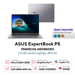 Laptop ASUS ExpertBook P5 P5405CSA-NZ0450WS (Intel Core Ultra 5-226V, RAM 16GB, SSD 512GB, Intel Arc 130V, Màn Hình 14 inch WQXGA, Windows 11 Home, Office Home 2024, Màu Xám)