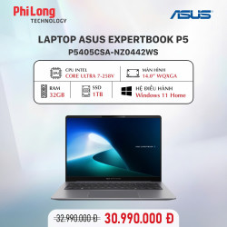 Laptop ASUS Expertbook P5 P5405CSA-NZ0442WS (Intel Core Ultra 7-258V, RAM 32GB, SSD 1TB, Intel Arc 130V, Màn Hình 14 inch WQXGA, Windows 11 Home, Office Home 2024, Màu Xám)