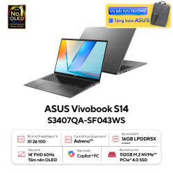 Laptop ASUS Vivobook S14 S3407QA-SF043WS (Snapdragon X X1 26 100, RAM 16GB, SSD 512GB, Qualcomm Adreno GPU, Màn Hình 14 inch WUXGA OLED, Windows 11, Màu Xám)