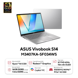 Laptop ASUS Vivobook S14 M3407KA-SF034WS (AMD Ryzen AI 5 330, RAM 16GB, SSD 512GB, AMD Radeon Graphics, Màn Hình 14 inch WUXGA OLED, Windows 11, Office Home 2024, Màu Bạc)