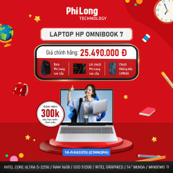 Laptop HP OmniBook 7 14-fr0033TU (C1MN2PA) (Core Ultra 5-225U, Ram 16GB, SSD 512GB, Intel Graphics, Màn Hình 14inch WUXGA, Windows 11, Office Home 2024, Office 365, Màu Bạc)