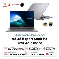 Laptop ASUS ExpertBook P5 P5405CSA-NZ0017W (90NX0861-M00KT0) (Intel Core Ultra 7 258V, Ram 32GB, SSD 1TB, Intel Arc 140V Graphics, Màn Hình 14inch WQXGA, Windows 11, Màu Xám)