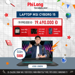 Laptop MSI Cyborg 15 A13UC 2088VN (Intel Core i5-13420H, RAM 16GB DDR5, SSD 512GB, RTX 3050 4GB, Màn Hình 15.6inch FullHD 144Hz, Windows 11, Màu Đen)