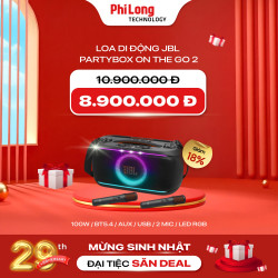 Loa Di Động JBL PartyBox On-The-Go 2 (Công Suất 100W, Kết Nối Bluetooth 5.4, Chuẩn Kháng Nước  IPX4, Thời Lượng Pin Lên Đến 15 Giờ, Kèm 3 Mic, Có Dây Đeo)