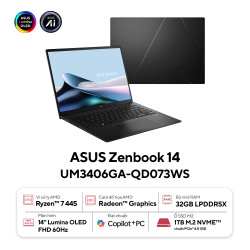 Laptop ASUS Zenbook 14 UM3406GA-QD073WS (AMD Ryzen AI 7 445, RAM 32G, SSD 1TB, VGA AMD Radeon Graphics, Màn Hình 14.0 inch WUXGA, OLED, 16:10, 60Hz, 400nits, Windows 11)  