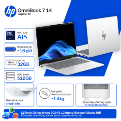Laptop HP OmniBook 7 14-fr0027TU C1MN1PA (Intel Core Ultra 7 255U, RAM 16GB, SSD 512GB, Intel Graphics, Màn Hình 14 inch WUXGA, Windows 11, Office, Màu Bạc)
