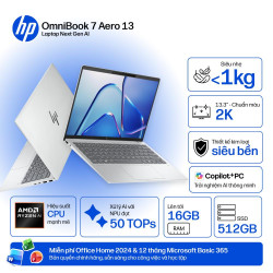 Laptop HP OmniBook 7 Aero 13-bg1087AU BZ7S1PA (AMD Ryzen AI 5 340, RAM 16GB, SSD 512GB,  AMD Radeon 840M, Màn Hình 13.3 inch WUXGA, Windows 11, Office, Màu Bạc)