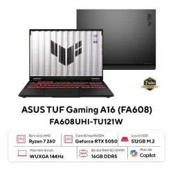 Laptop ASUS TUF Gaming A16 FA608UHI-TU121W (AMD Ryzen 7 260, RAM 16GB, SSD 512GB, RTX 5050, Màn Hình 16 inch FHD + 144Hz, Windows 11, Màu Xám)