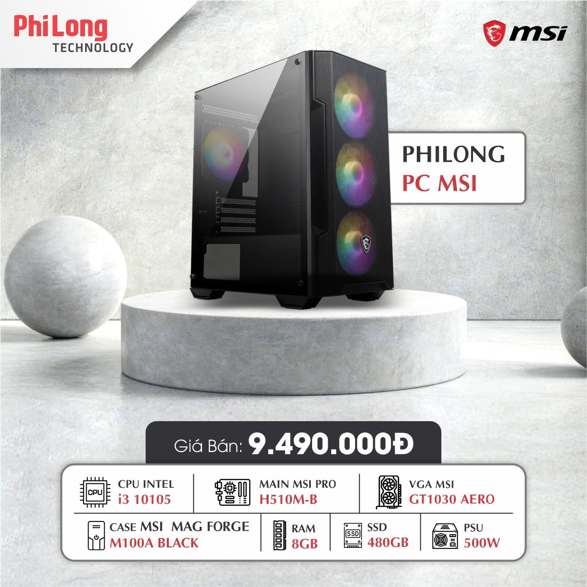 PC PHI LONG GM1030 (I3 10105, H510M-B, RAM 8GB, SSD 480GB, GT 1030, PSU 500W)