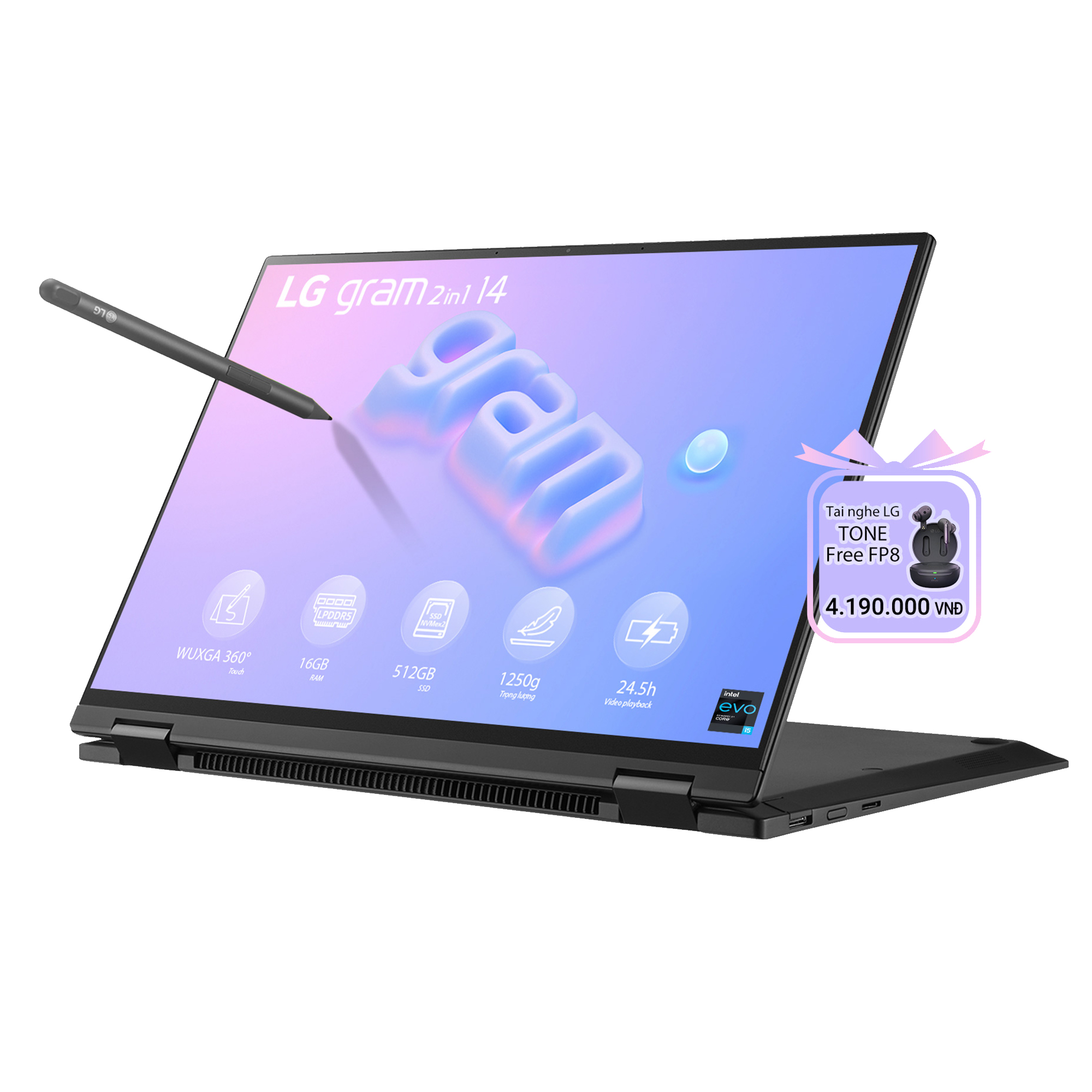 LAPTOP LG GRAM 2IN1 2023 14T90R-G.AH55A5 (I5-1340P, RAM 16GB, SSD 512GB, VGA INTEL IRIS XE GRAPHICS, MÀN HÌNH 14INCH WUXGA 99% DCI-P3 TOUCH, WINDOWS 11)