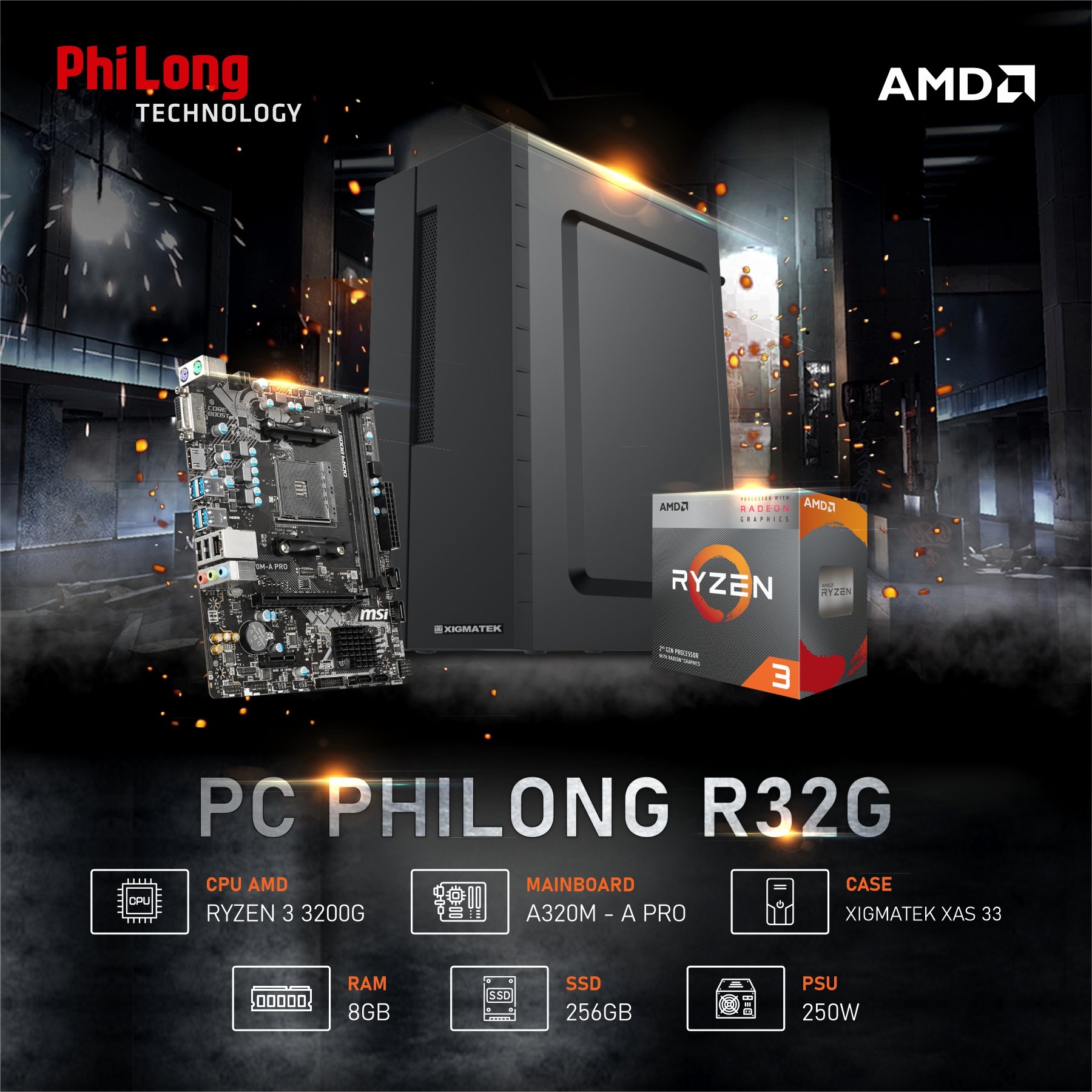 PC PHI LONG OFFICE R32G (RYZEN 3 3200G, A320M, RAM 8GB, SSD 256GB, PSU 250W)