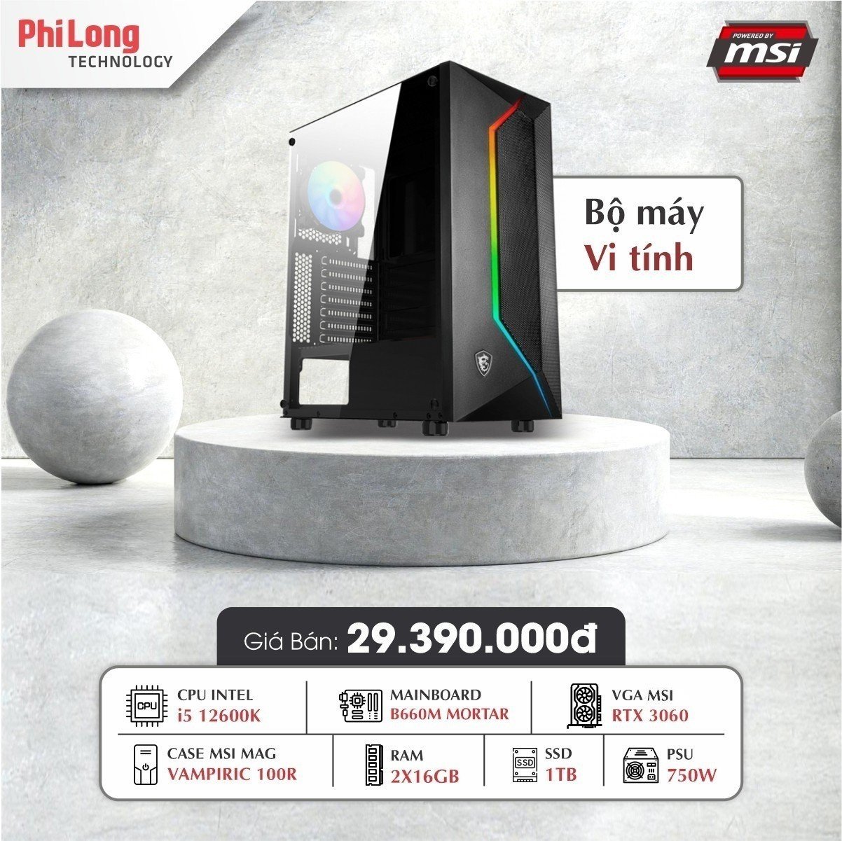 PC PHI LONG GAMER I530 (I5 12600K, B660M MORTAR, RAM 32GB, SSD 1TB, VGA RTX 3060 12G, PSU 750W)