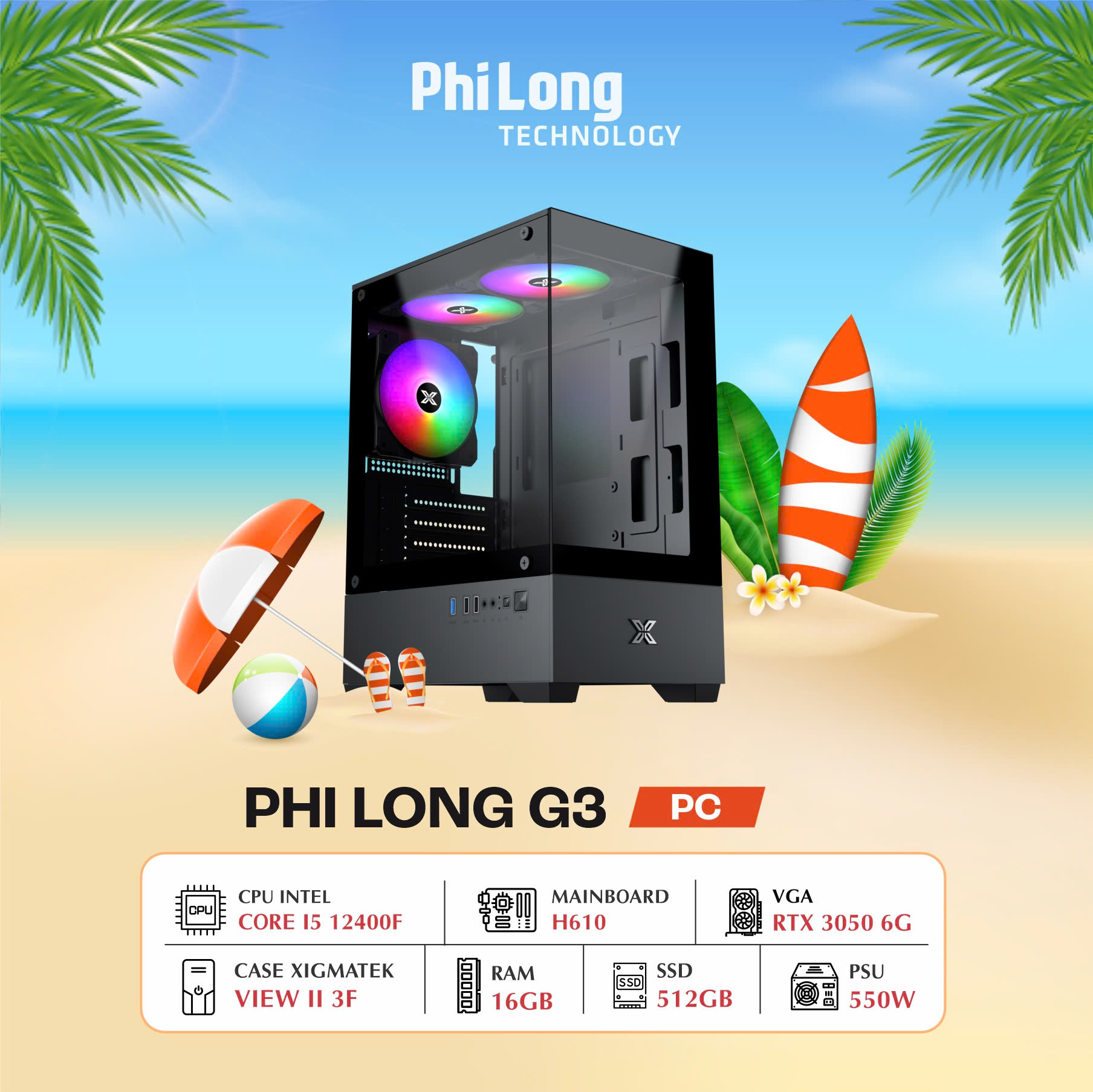 PC Phi Long Gaming G3 (i5 12400F, H610M, RAM 16GB, SSD 512GB, RTX 3050 6G, PSU 550W)