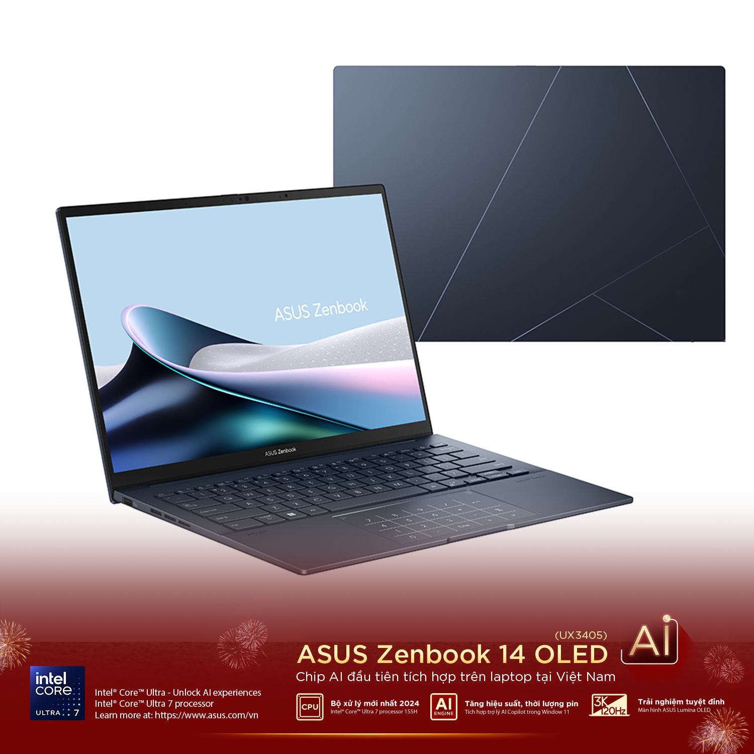 Laptop Asus Zenbook 14 OLED UX3405MA-PP151W (Intel Core Ultra 5-125H, RAM 16GB, SSD 512GB, Intel Arc, Màn Hình 14 inch 3K OLED, Windows 11, Màu Xanh)