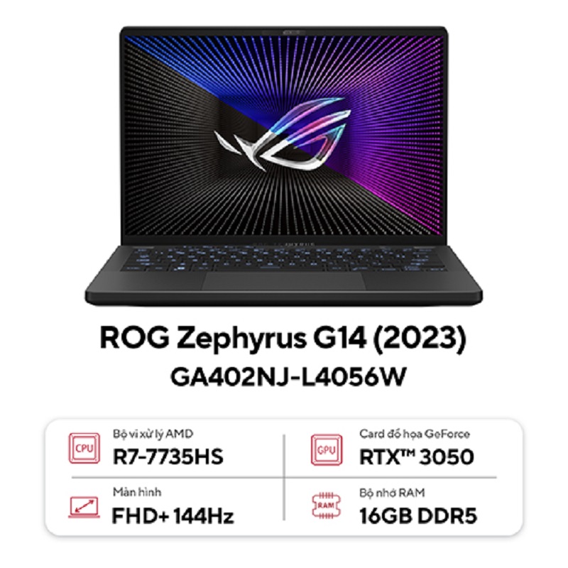 Laptop Gaming Asus ROG Zephyrus G14 GA402NJ-L4056W (Ryzen 7 7735HS, RAM 16GB, SSD 512GB, VGA RTX 3050 6GB, Màn Hình 14.0inch WUXGA, Windows 11SL, Màu Đen)